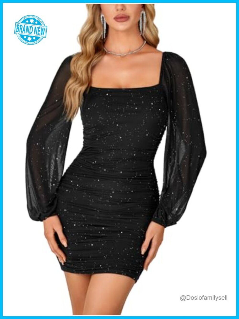 Glitter Mesh Long Sleeve Ruched Bodycon Mini Dress Square Neck Party